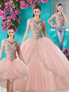 Three Piece Tulle Scoop Sleeveless Lace Up Beading and Appliques Sweet 16 Dress in Peach