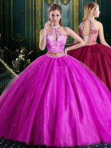 Halter Top Fuchsia Two Pieces Tulle High-neck Sleeveless Beading and Lace and Appliques Floor Length Lace Up Ball Gown Prom Dress