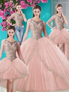 Four Piece Scoop Sleeveless Floor Length Beading and Appliques Lace Up Quinceanera Dresses with Peach