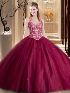 Glittering Burgundy Sleeveless Beading and Lace and Appliques Floor Length Sweet 16 Dress