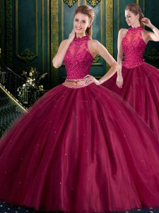 Elegant Burgundy Tulle Lace Up High-neck Sleeveless Floor Length Damas Dress Beading and Lace