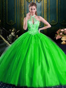 Customized Halter Top Sleeveless Sweet 16 Quinceanera Dress Floor Length Beading Tulle