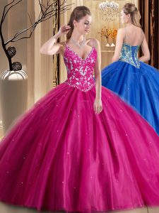 Hot Pink Sleeveless Tulle Lace Up 15 Quinceanera Dress for Military Ball and Sweet 16 and Quinceanera