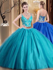 Beading and Lace and Appliques Quinceanera Gown Teal Lace Up Sleeveless Floor Length