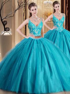 Pretty Teal Sleeveless Tulle Lace Up Sweet 16 Dresses for Military Ball and Sweet 16 and Quinceanera