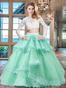 Best Selling Apple Green Tulle and Lace Zipper Scoop Long Sleeves Floor Length Quinceanera Dress Beading and Lace and Ruffled Layers