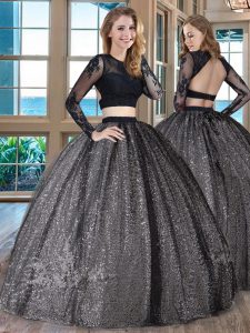 Scoop Backless Floor Length Black Quince Ball Gowns Tulle Long Sleeves Appliques