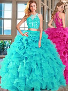 Fashion Aqua Blue Two Pieces Organza Scoop Sleeveless Appliques and Ruffles Floor Length Lace Up 15 Quinceanera Dress
