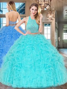 Aqua Blue Two Pieces Tulle Halter Top Sleeveless Beading and Ruffles Floor Length Backless 15 Quinceanera Dress