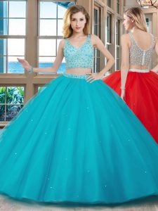 Superior Sleeveless Tulle With Brush Train Zipper Sweet 16 Quinceanera Dress in Aqua Blue with Beading