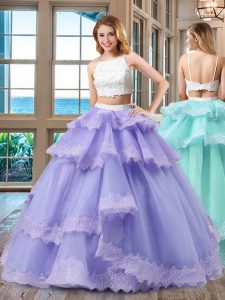 Backless Straps Sleeveless Quinceanera Gown Floor Length Beading Lavender Tulle