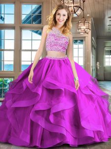 High Class Fuchsia Tulle Backless Scoop Sleeveless With Train Ball Gown Prom Dress Brush Train Beading and Ruffles