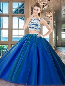 Custom Fit Scoop Floor Length Backless 15th Birthday Dress Royal Blue for Military Ball and Sweet 16 and Quinceanera with Beading