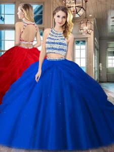 Scoop Backless Floor Length Royal Blue Quince Ball Gowns Tulle Sleeveless Beading and Pick Ups
