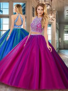 Free and Easy Scoop Backless Fuchsia Sleeveless Beading Floor Length Quinceanera Gown
