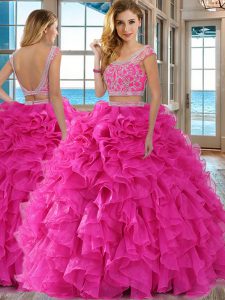 Hot Selling Scoop Hot Pink Organza Backless Sweet 16 Quinceanera Dress Cap Sleeves Floor Length Beading and Ruffles