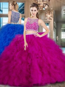 Trendy Fuchsia Two Pieces Beading and Ruffles Sweet 16 Dresses Side Zipper Tulle Sleeveless With Train