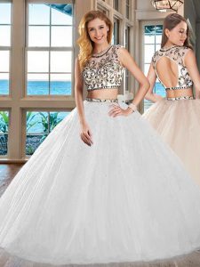 Fabulous White Backless Scoop Beading Quinceanera Dresses Tulle Cap Sleeves