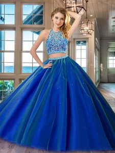 Floor Length Royal Blue Quinceanera Gowns Scoop Sleeveless Backless