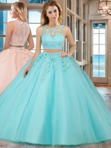 Customized Scoop Tulle Sleeveless Floor Length Quinceanera Dress and Beading and Appliques