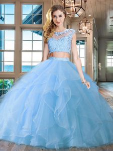 Brush Train Two Pieces Sweet 16 Quinceanera Dress Light Blue Scoop Organza Cap Sleeves With Train Zipper