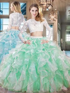 Glorious Scoop Apple Green Long Sleeves Beading and Lace and Ruffles Floor Length Quinceanera Dress