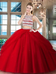 Red Tulle Backless Scoop Sleeveless Floor Length Sweet 16 Dress Beading and Pick Ups