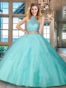 Suitable Halter Top Sleeveless Beading and Ruffles Backless Quince Ball Gowns