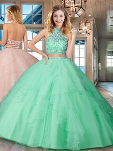 Halter Top Sleeveless Backless Floor Length Beading and Ruffles Quince Ball Gowns