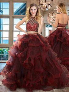 Backless Halter Top Sleeveless Quince Ball Gowns Brush Train Beading and Ruffles Burgundy Tulle