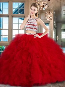 Scoop Sleeveless Brush Train Backless Quinceanera Dress Red Tulle