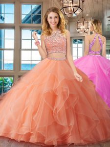 Custom Fit Peach Ball Gown Prom Dress Military Ball and Sweet 16 and Quinceanera and For with Beading and Ruffles Scoop Sleeveless Backless