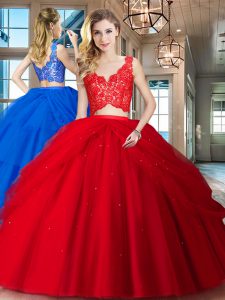 Traditional Red Quince Ball Gowns Military Ball and Sweet 16 and Quinceanera and For with Lace and Ruffled Layers V-neck Sleeveless Zipper