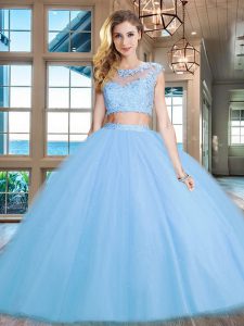 Super Light Blue Quinceanera Gowns Military Ball and Sweet 16 and Quinceanera and For with Beading and Appliques Scoop Cap Sleeves Zipper