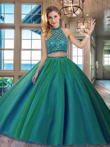 Dark Green Two Pieces Halter Top Sleeveless Tulle Brush Train Backless Beading Ball Gown Prom Dress