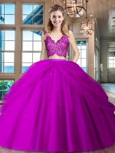 Fuchsia Sleeveless Floor Length Lace and Ruffled Layers Zipper Sweet 16 Quinceanera Dress