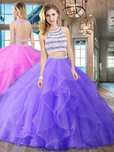 Organza Scoop Sleeveless Brush Train Backless Beading and Ruffles Quince Ball Gowns in Lavender