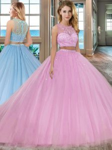 Luxurious Lilac Two Pieces Scoop Sleeveless Tulle With Train Court Train Zipper Beading Quinceanera Gown