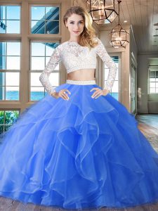 Fashion Scoop Long Sleeves Brush Train Beading and Lace and Ruffles Zipper Vestidos de Quinceanera