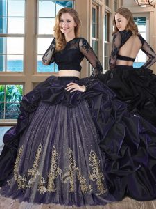 Purple Taffeta Backless Scoop Long Sleeves With Train Quinceanera Gown Brush Train Embroidery and Pick Ups