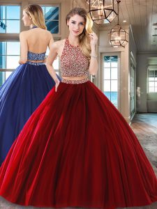 Halter Top Wine Red Sleeveless Floor Length Beading Backless Ball Gown Prom Dress