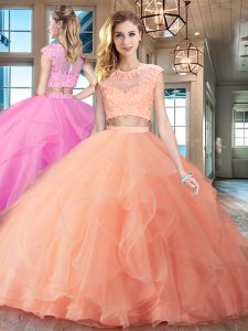 Smart Scoop With Train Two Pieces Cap Sleeves Peach Sweet 16 Dresses Brush Train Zipper