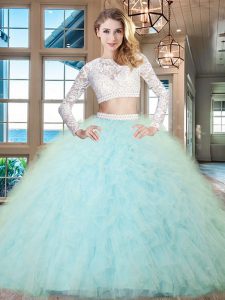 Perfect Light Blue Quinceanera Dress Military Ball and Sweet 16 and Quinceanera and For with Beading and Lace and Ruffles Scoop Long Sleeves Zipper