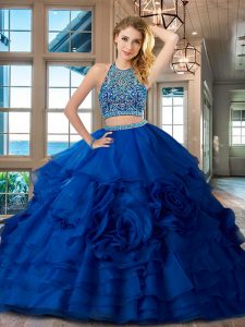 Enchanting Scoop Royal Blue Organza Backless Sweet 16 Quinceanera Dress Sleeveless Floor Length Beading and Ruffles
