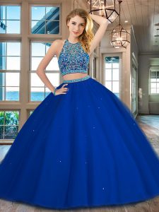 High Quality Scoop Royal Blue Backless Quinceanera Gown Beading Sleeveless Floor Length