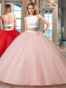 Straps Pink Sleeveless Tulle Backless Teens Party Dress for Military Ball and Sweet 16 and Quinceanera