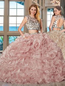 Pink Organza Backless Scoop Cap Sleeves With Train Quinceanera Dresses Brush Train Beading and Ruffles