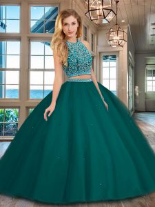 Beautiful Scoop Floor Length Two Pieces Sleeveless Dark Green Quince Ball Gowns Backless