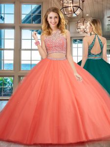 Scoop Watermelon Red Backless Quinceanera Dress Beading Sleeveless Floor Length