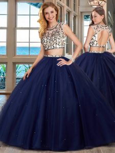 Navy Blue Backless Scoop Beading Quinceanera Gowns Tulle Cap Sleeves Brush Train